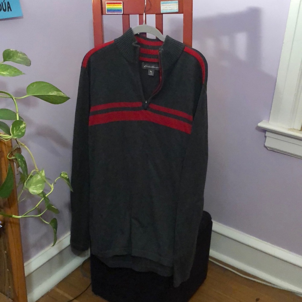 Eddie Bauer Grey w/red stripes pullover